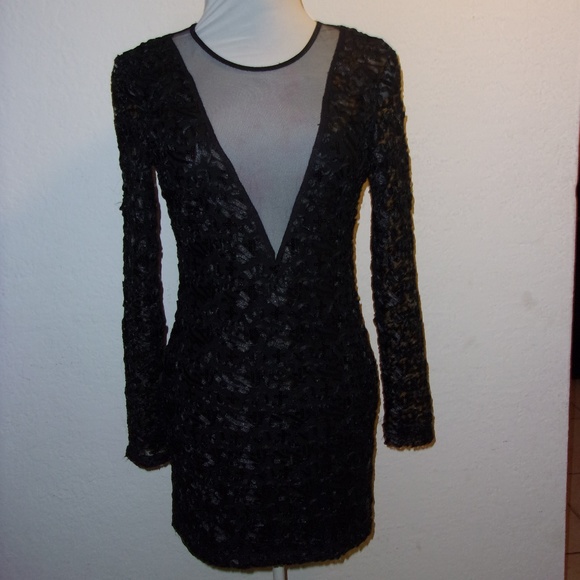 Express Dresses & Skirts - BLACK LACE SEQUIN MINI SPANDEX LONG SLEEVE DRESS S